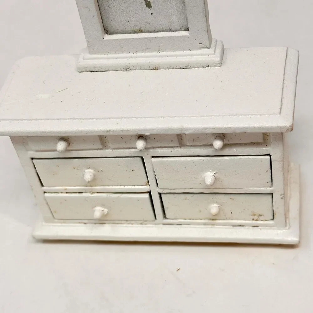 Vintage White Dollhouse Dresser 1:12 Miniature Vanity Wood Faux Drawers